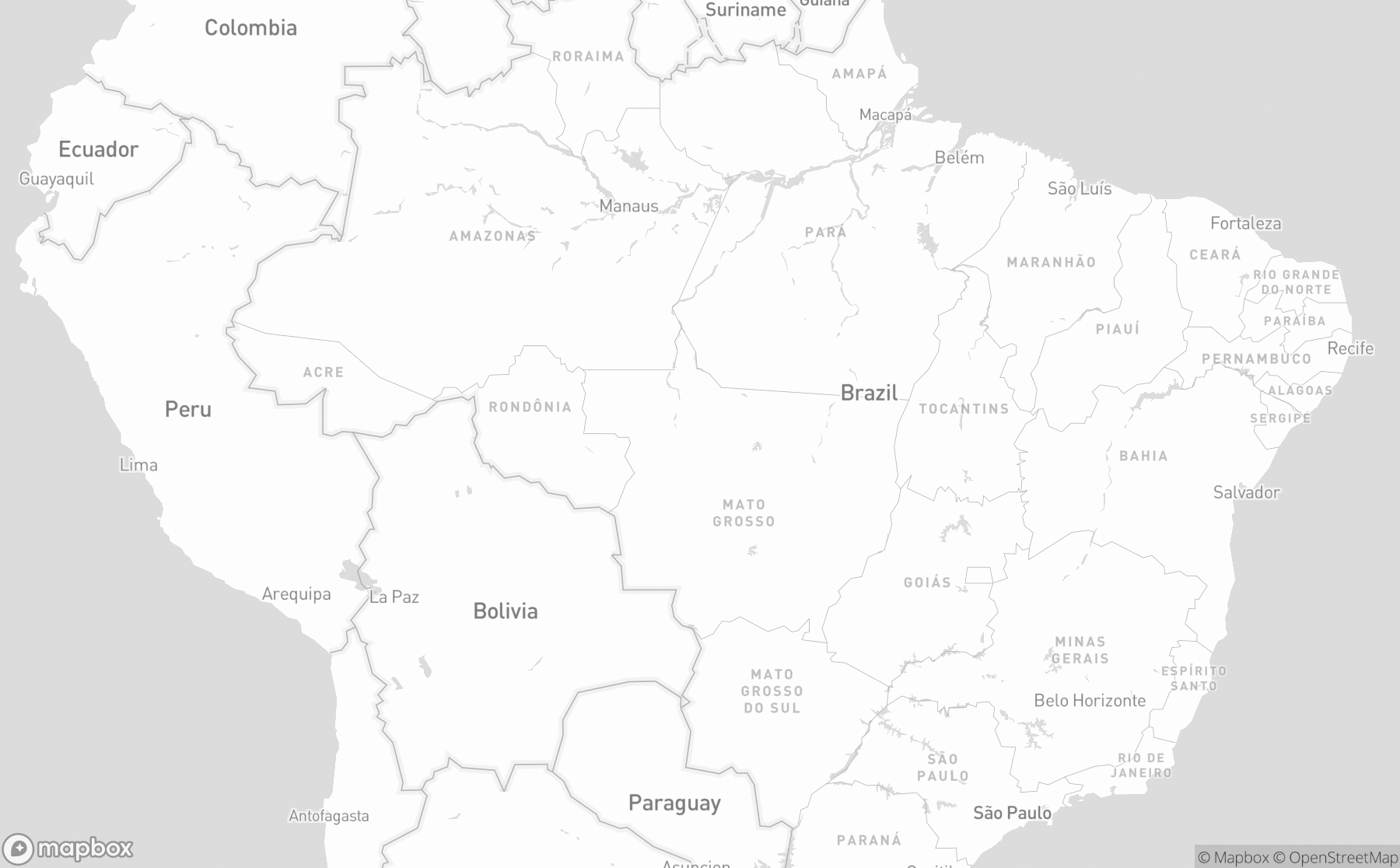Mapa regional com Mato Grosso centralizado no estilo Mapbox Light